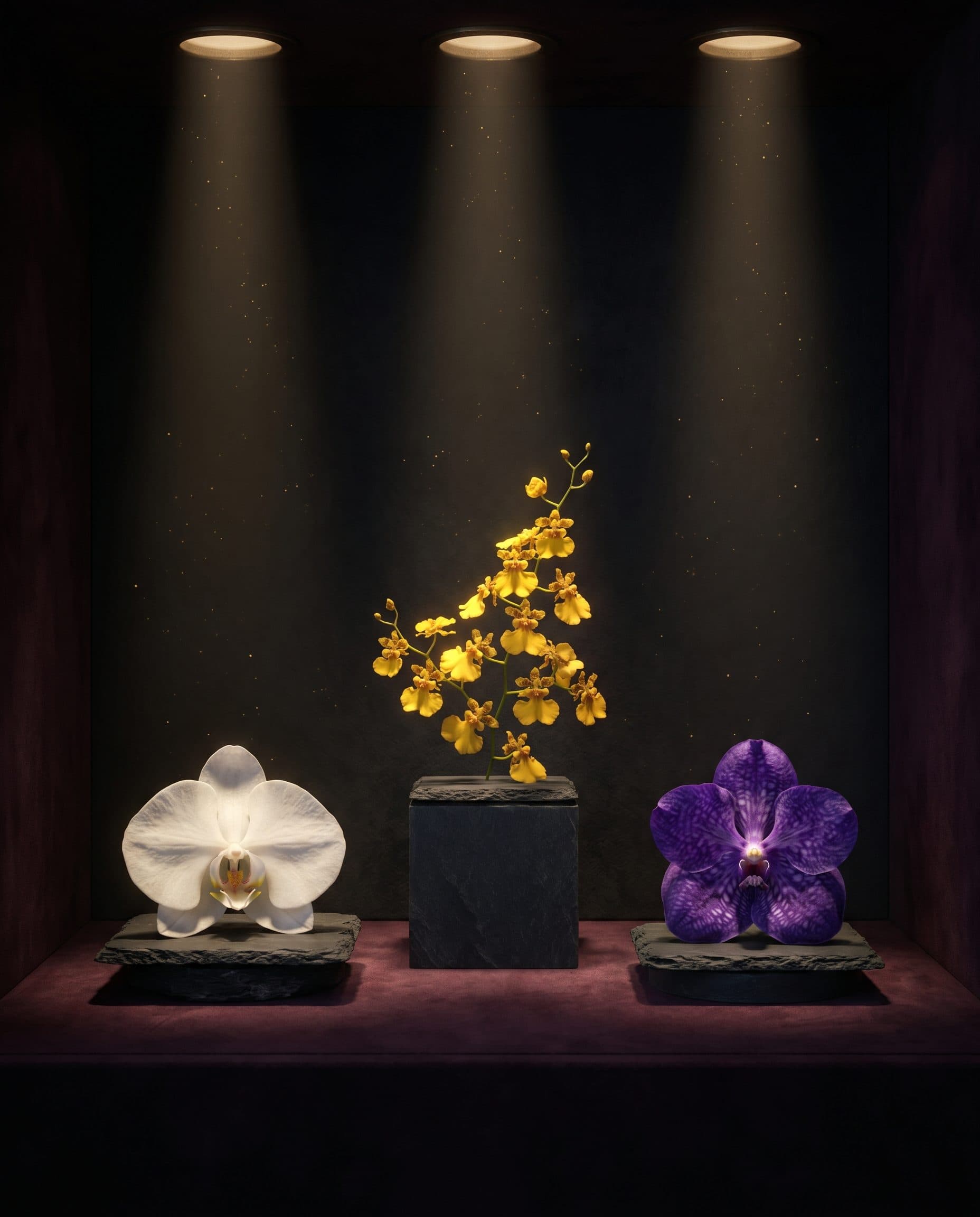 Colección de orquídeas exóticas iluminadas como piezas de galería