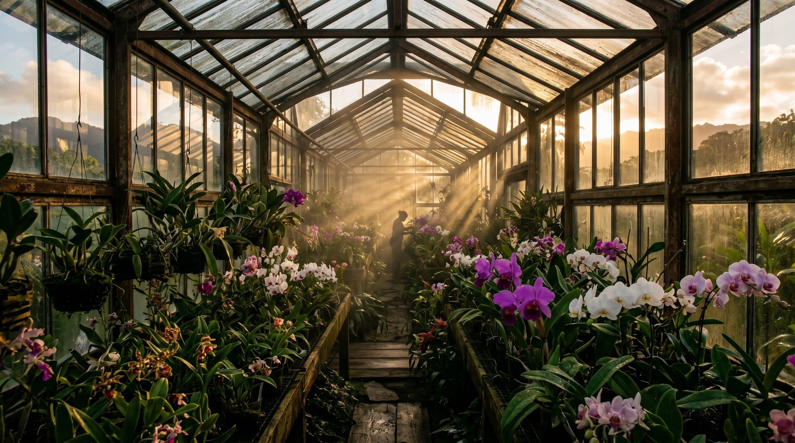 Vivero de Edwin Orchids en Puerto Rico al atardecer